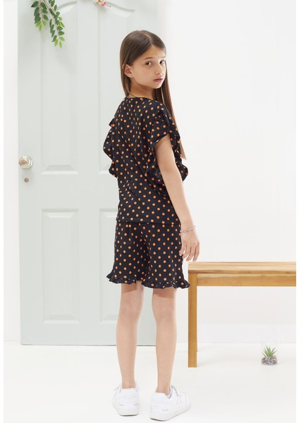 Siyah Puantiyeli Fırfırlı Bluzlu Kız Çocuk Şortlu Takım 18554 indirimleri