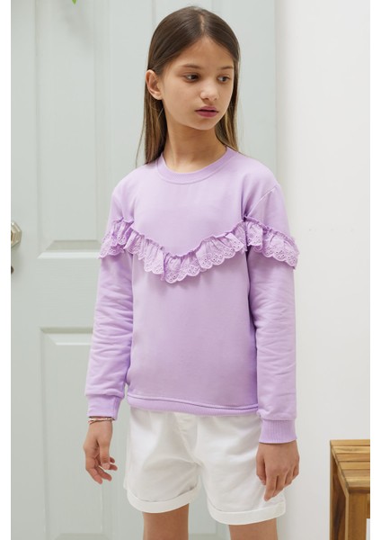 Lila Dantel Detaylı Bisiklet Yaka Kız Çocuk Sweatshirt 18548