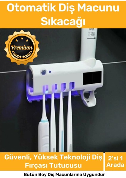 Premium USB Şarjlı Güneş Enerjili Otomatik Diş Macun Sıkacağı Sterilizatörlü 4 Adet Fırçalığı Tutucu