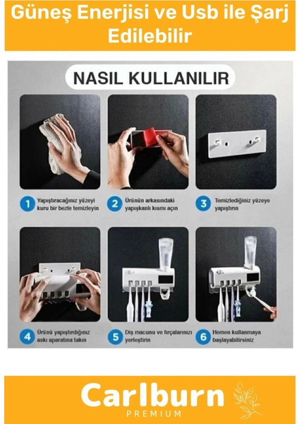 Premium USB Şarjlı Güneş Enerjili Otomatik Diş Macun Sıkacağı Sterilizatörlü 4 Adet Fırçalığı Tutucu fiyatları