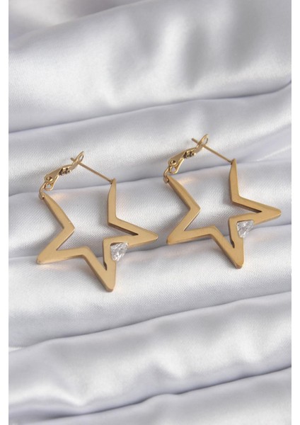 E-Bijuteri Çelik Gold Renk Yıldız Model Zirkon Taş Detay Kadın Küpe