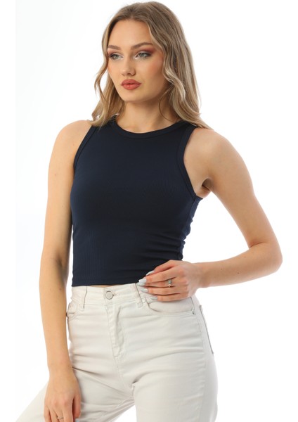 Lacivert Spor Fitilli Bisiklet Yaka Fitted Atlet