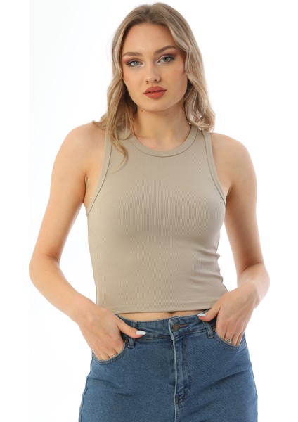 Bej Spor Fitilli Bisiklet Yaka Fitted Atlet