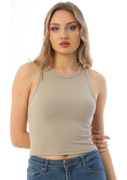 Bej Spor Fitilli Bisiklet Yaka Fitted Atlet