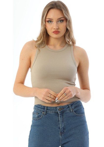 Bej Spor Fitilli Bisiklet Yaka Fitted Atlet