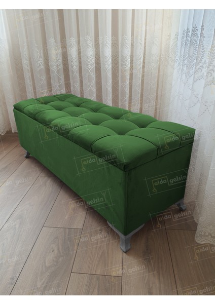 Yeni Model Lüks Çizgi Kapitoneli Sandıklı Puf Bench (80*45) Gümüş Ayak