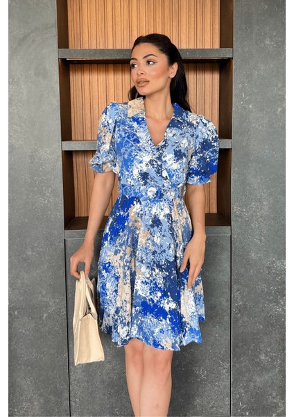 Kruvaze Yaka Beli Lastikli Mini Elbise - Saks Mavi fiyatları