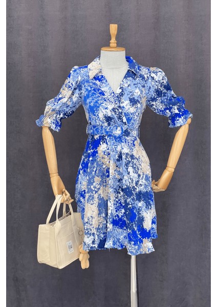 Kruvaze Yaka Beli Lastikli Mini Elbise - Saks Mavi fırsatları