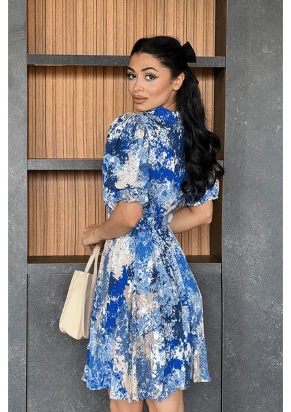 Kruvaze Yaka Beli Lastikli Mini Elbise - Saks Mavi indirimleri