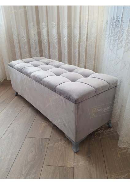 Yeni Model Lüks Çizgi Kapitoneli Sandıklı Puf Bench (70 x 45 cm) Gümüş Ayak