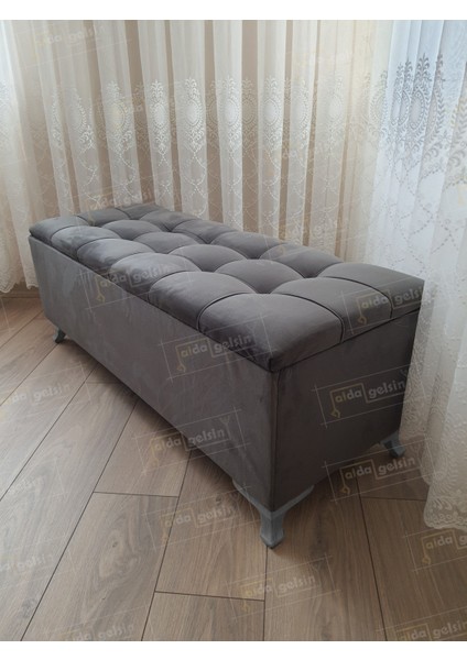 Yeni Model Lüks Çizgi Kapitoneli Sandıklı Puf Bench (70*45) Gümüş Ayak
