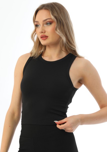 Siyah Spor Fitilli Bisiklet Yaka Fitted Atlet