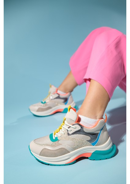 Crown Bej Simli Multi Bağcıklı Kadın Kalın Taban Spor Sneakers