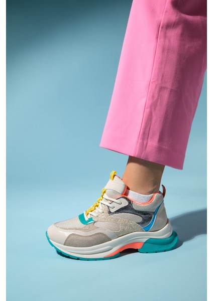 Crown Bej Simli Multi Bağcıklı Kadın Kalın Taban Spor Sneakers