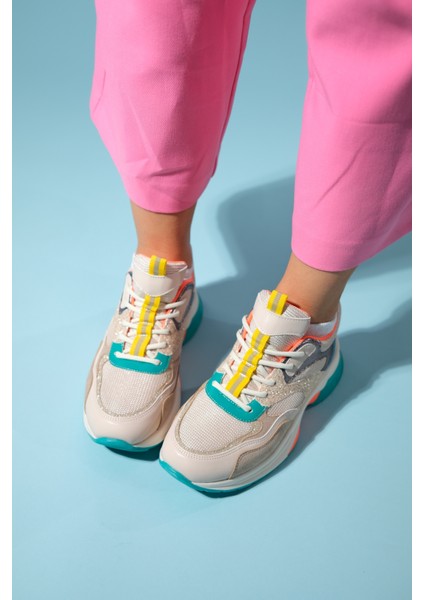 Crown Bej Simli Multi Bağcıklı Kadın Kalın Taban Spor Sneakers
