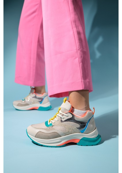 Crown Bej Simli Multi Bağcıklı Kadın Kalın Taban Spor Sneakers