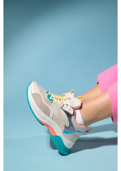 Crown Bej Simli Multi Bağcıklı Kadın Kalın Taban Spor Sneakers