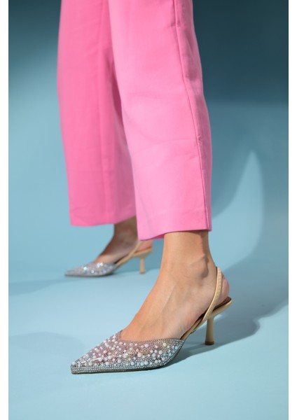 Perun Bej Incili Şeffaf Kadın Ince Topuklu Abiye Ayakkabı