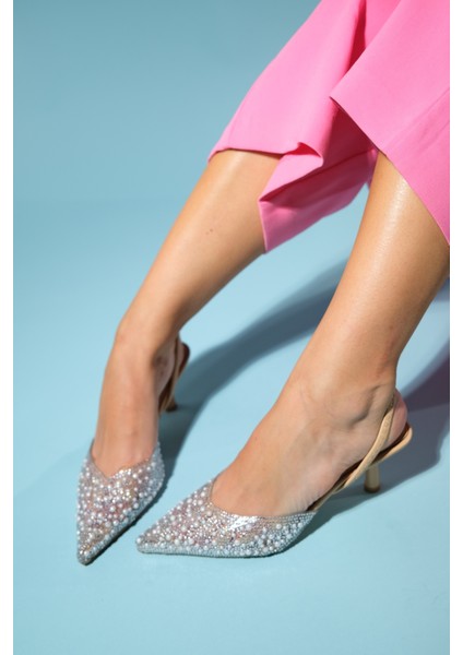 Perun Bej Incili Şeffaf Kadın Ince Topuklu Abiye Ayakkabı fırsatları