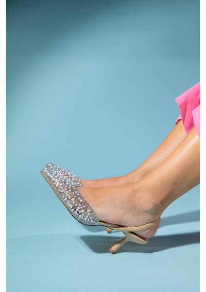 Perun Bej Incili Şeffaf Kadın Ince Topuklu Abiye Ayakkabı indirimleri