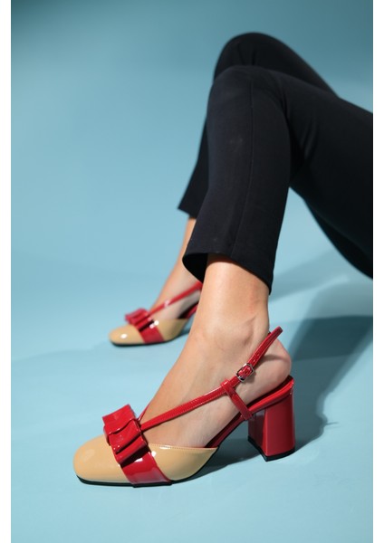 Veles Kırmızı-Koyu Bej Rugan Fiyonklu Kadın Kalın Topuklu Ayakkabı