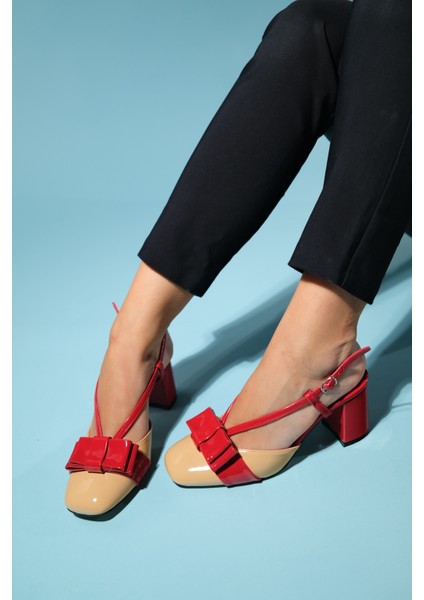 Veles Kırmızı-Koyu Bej Rugan Fiyonklu Kadın Kalın Topuklu Ayakkabı fiyatları