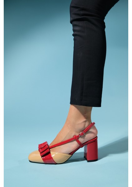 Veles Kırmızı-Koyu Bej Rugan Fiyonklu Kadın Kalın Topuklu Ayakkabı modelleri