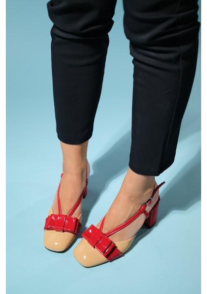 Veles Kırmızı-Koyu Bej Rugan Fiyonklu Kadın Kalın Topuklu Ayakkabı fırsatları