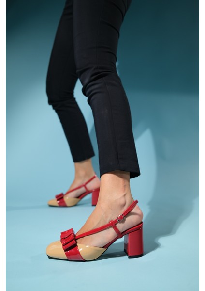 Veles Kırmızı-Koyu Bej Rugan Fiyonklu Kadın Kalın Topuklu Ayakkabı indirimleri