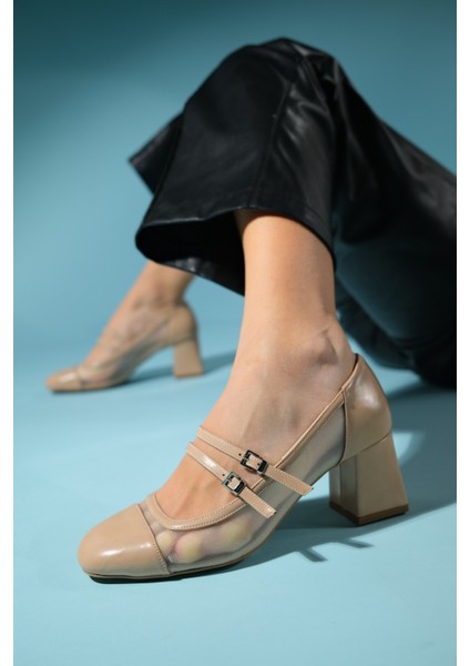 Scots Bej Kadın Kalın Topuklu Ayakkabı