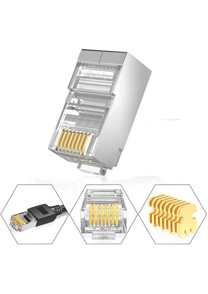 - 50 Adet - 3u" Gold Plated Stp CAT5E RJ45 Metal Konnektör - 8P8C Ethernet Kablo Ucu Jack