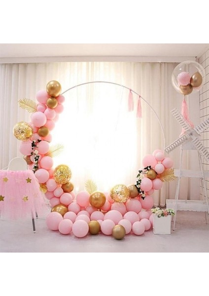 Pembe Makaron Gold Krom Konfetili Balon Zincir Seti