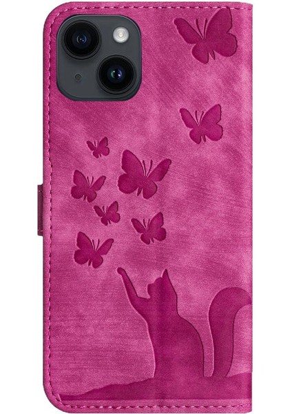 IPhone 15 Için Kılıf Cüzdan Durumda Kabartmalı Kelebek Kedi Tutucu Kapak Çevirin (Yurt Dışından)