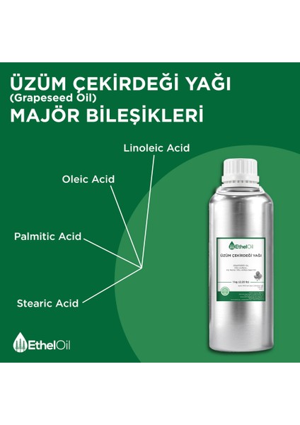 Üzüm Çekirdeği Sabit Yağı - Etheloil – 1 kg - %100 Saf ve Sabit Yağ – Üretici Firma, Yüksek Kalite, Toptan Satış - Grapeseed Oil- Vitis Vinifera L.