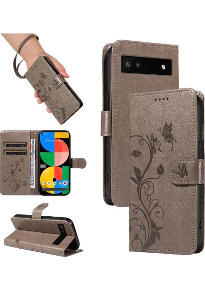 El Kayışı ve Kart Yuvası Kabartmalı Kelebek ile Google Pixel 6A Için Kılıf (Yurt Dışından)