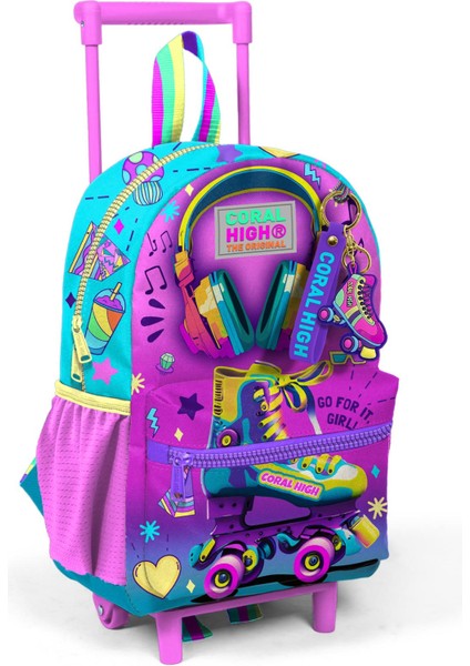 Minik Yuva Çekçekli Sırt Çantası Pembe Turkuaz Kulaklık Paten Desenli Iki Bölmeli 24054