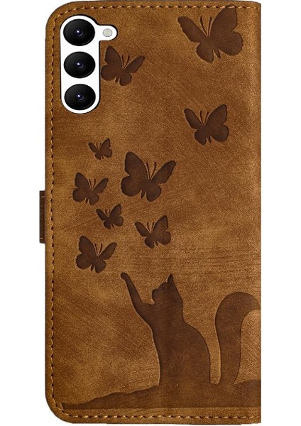 Samsung Galaxy S23 Kart Cep Kabartmalı Kelebek Kedi Flip Folio (Yurt Dışından)