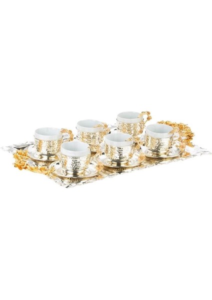 Altın Güllü Dikdörtgen Tepsi + 6'lı Nescafe Fincanı Nikel