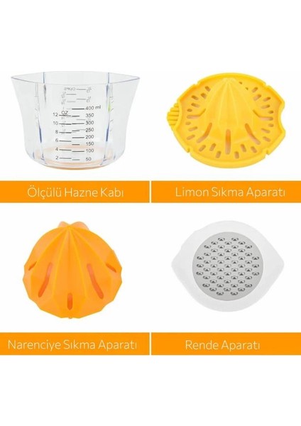 4 Özellikli Rende Tasarımlı Hazneli Ölçülü Limon Naranciye Sıkacağı