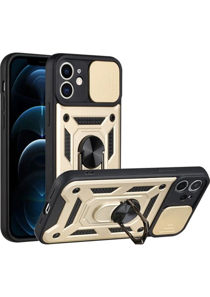 Apple iPhone 12 Kılıf Sürgülü Kamera Korumalı Yüzüklü Zırhlı Telefon Kılıfı