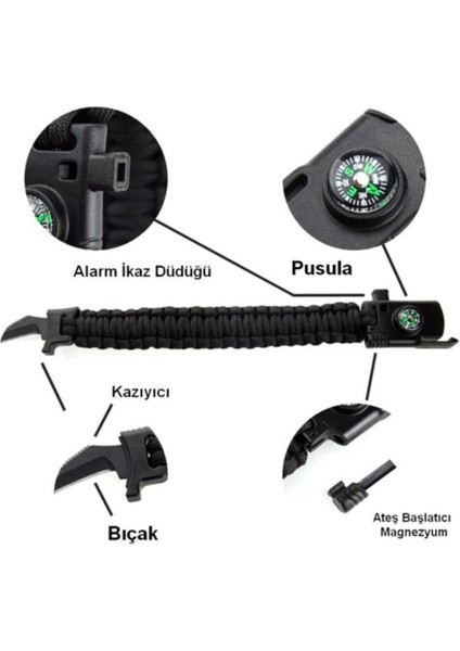 Paracord Survival Bileklik Bıçak Pusula Magnezyum ve Ikaz Düdüğü modelleri