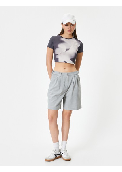 Soyut Desenli Crop Tişört Kısa Kollu Bisiklet Yaka Slim Fit