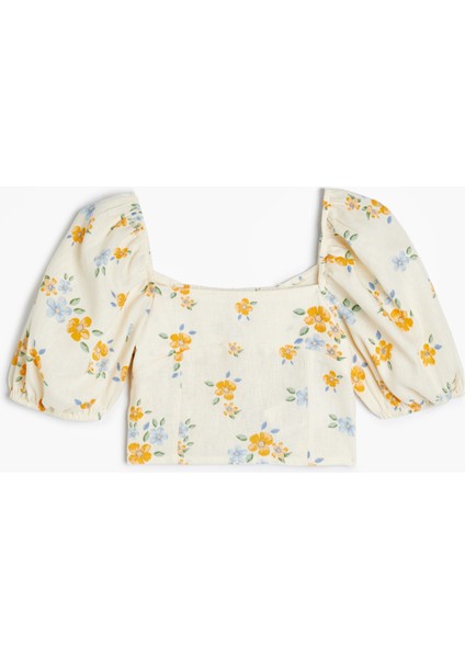 Keten Crop Bluz Çiçekli Kare Yaka Gipe Detaylı