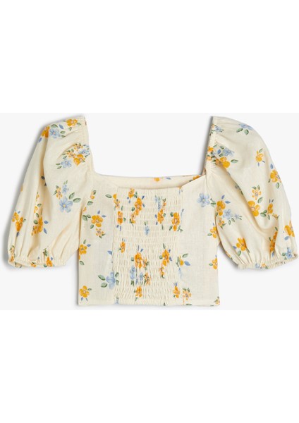 Keten Crop Bluz Çiçekli Kare Yaka Gipe Detaylı