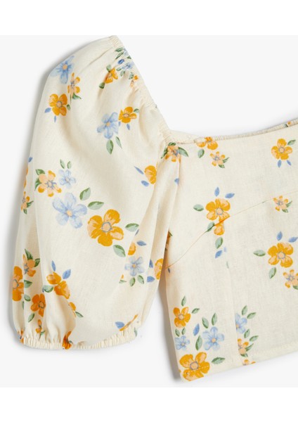 Keten Crop Bluz Çiçekli Kare Yaka Gipe Detaylı