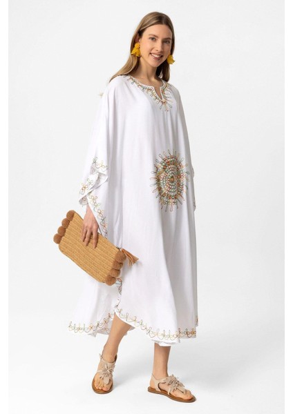 Beyaz Şile Bezi Yarasa Kollu Işlemeli Uzun Yazlık Astarsız Plaj Pamuklu Kaftan Elbise fiyatları