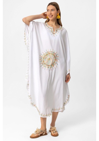 Beyaz Şile Bezi Yarasa Kollu Işlemeli Uzun Yazlık Astarsız Plaj Pamuklu Kaftan Elbise fırsatları