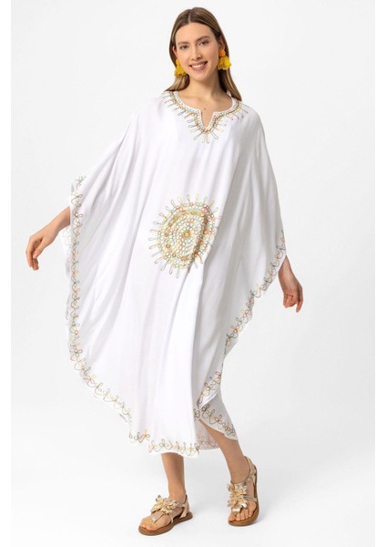 Beyaz Şile Bezi Yarasa Kollu Işlemeli Uzun Yazlık Astarsız Plaj Pamuklu Kaftan Elbise indirimleri