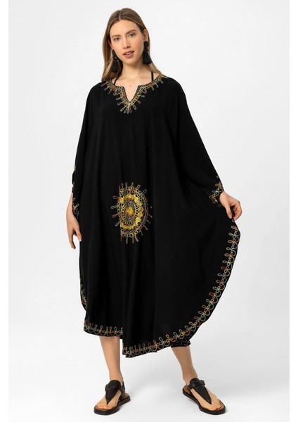 Siyah Şile Bezi Yarasa Kollu Işlemeli Uzun Yazlık Astarsız Plaj Pamuklu Kaftan Elbise modelleri