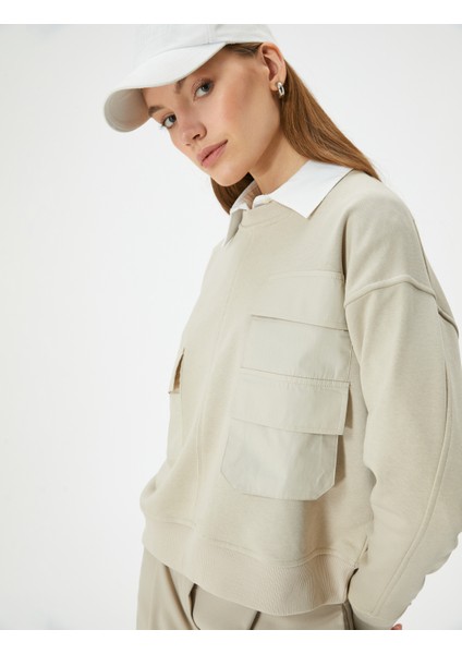 Bisiklet Yaka Sweatshirt Kargo Cepli Ribanalı Standart Kesim